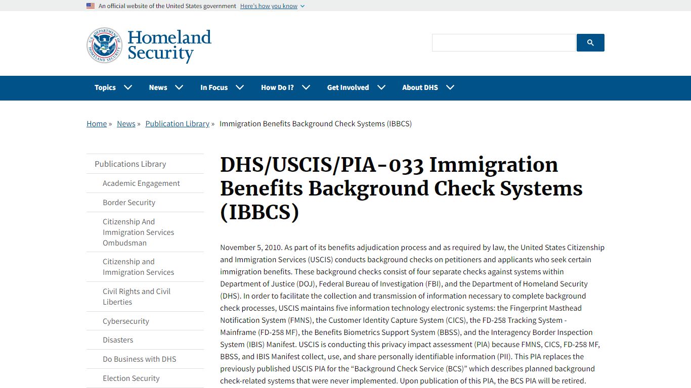 Immigration Benefits Background Check Systems (IBBCS) - DHS